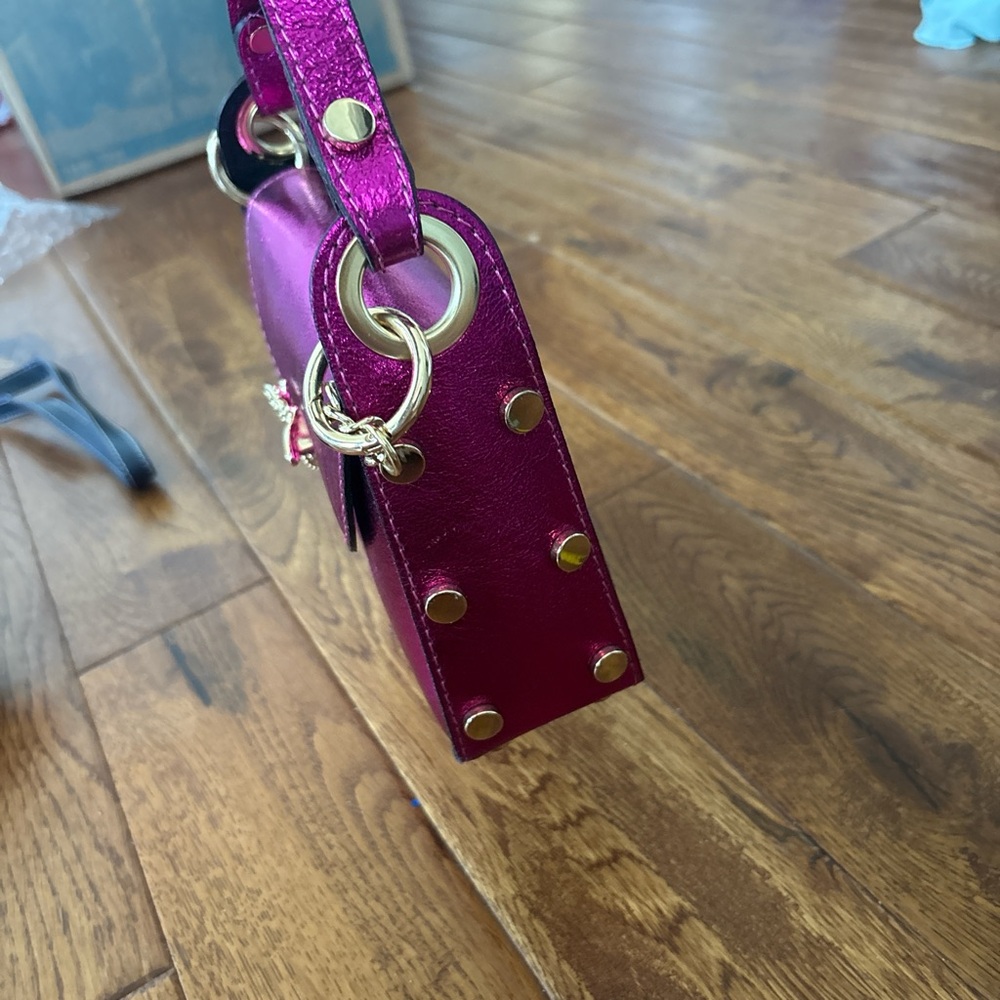 Metallic Fuchsia Leather Compact Bag with Studs and Bees - Picture 2 of 5